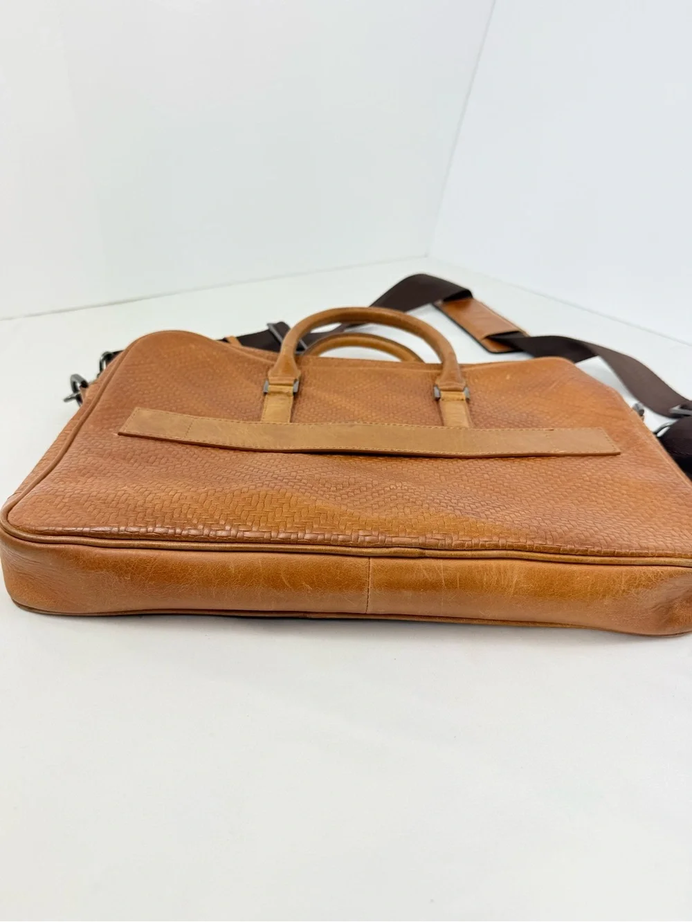 Jos A Bank Brown Leather Woven Texture Double Handle Shoulder Strap Commuter Bag